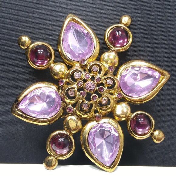 Vintage Purple Large Flower Brooch, Dark Light Purple Rhinestones, 2 3/4 Inches - Picture 5 of 8